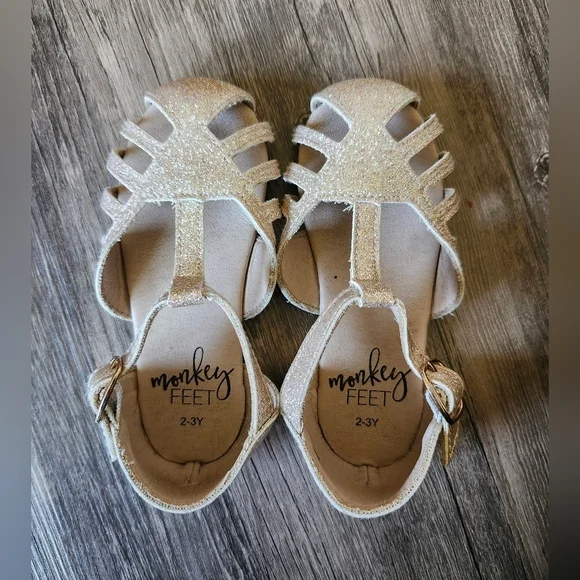 Monkey Feet Golden Pink Glitter Leather Kids Sandals - Gold - Picture 4 of 6